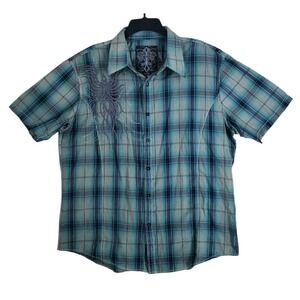 ROAR Bernard Shirt Mens 2XL Green Gray Ombre Plaid Button Up Embroidered SS